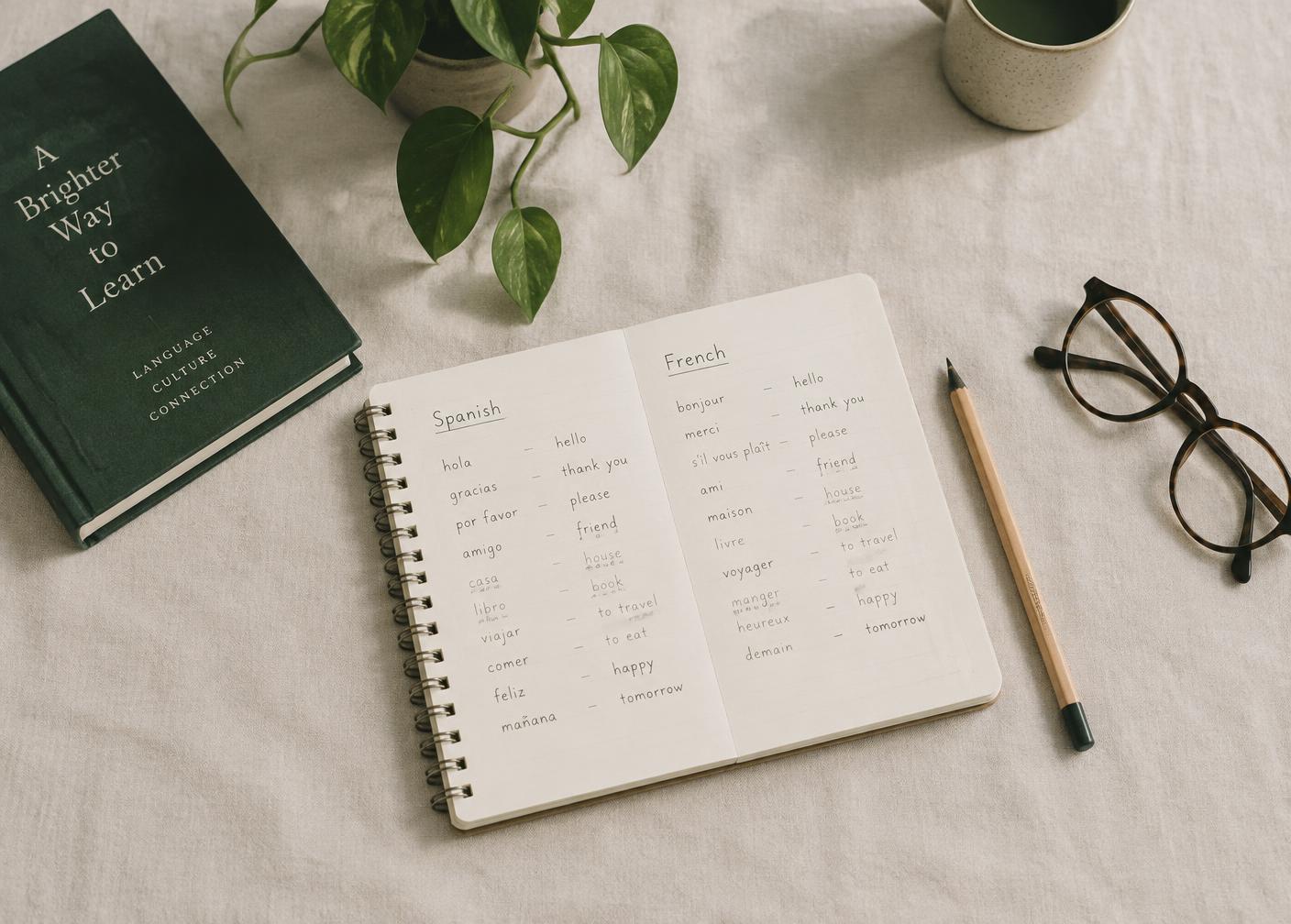 Notebook with Portuguese vocabulary notes beside a book, pencil and glasses